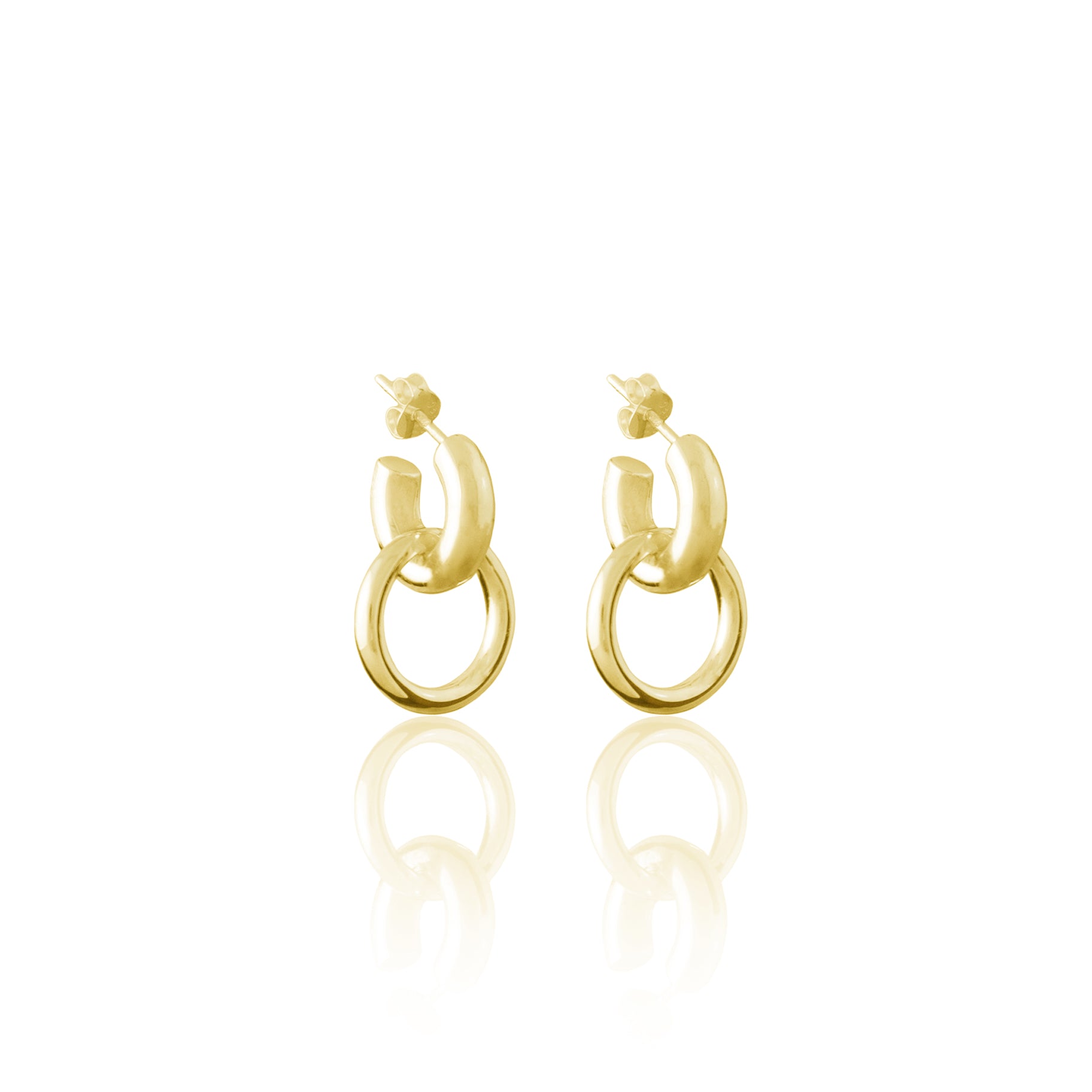 A pair of gold earrings featuring a double hoop design on a plain white background.