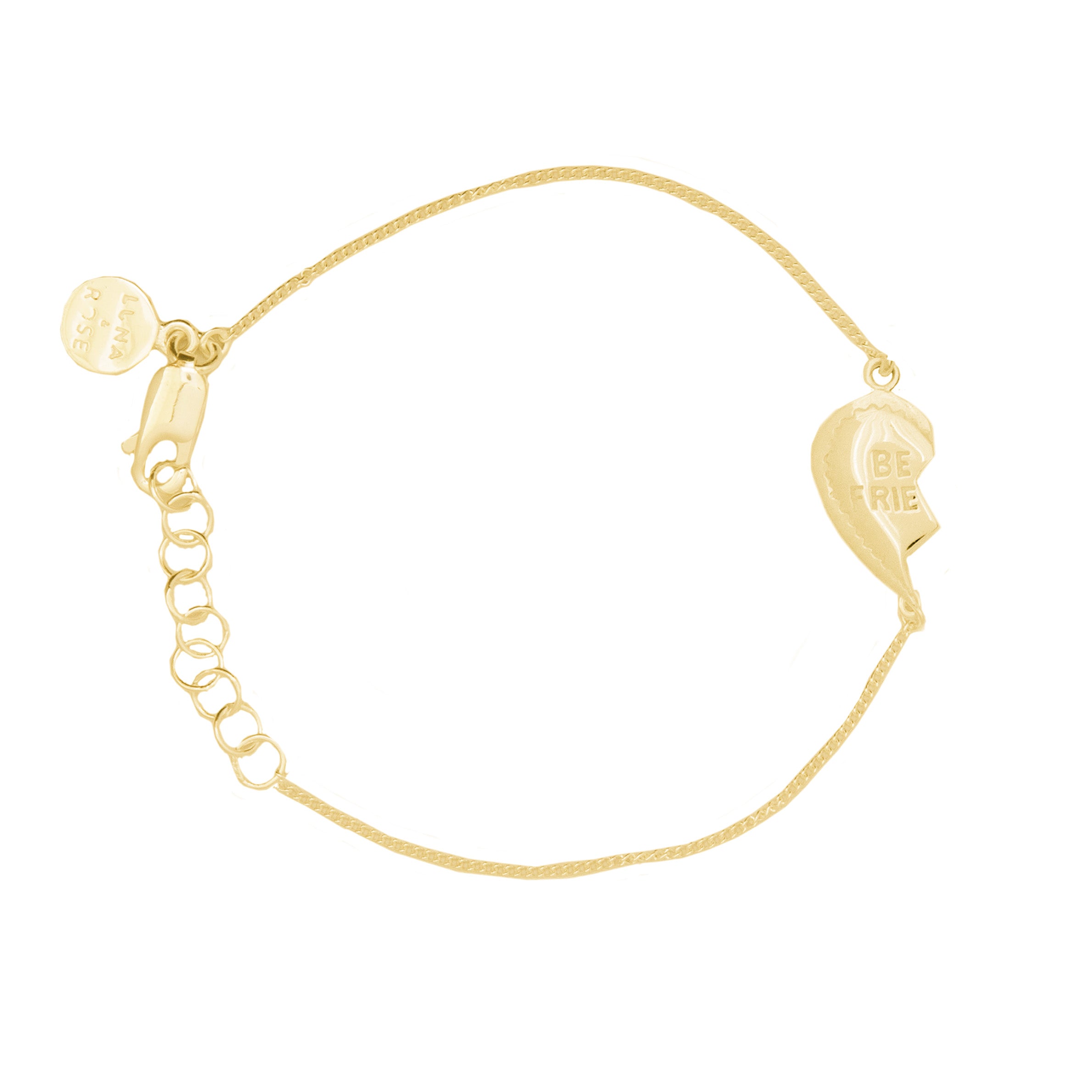 A golden bracelet with a BFF Broken Heart on a white background