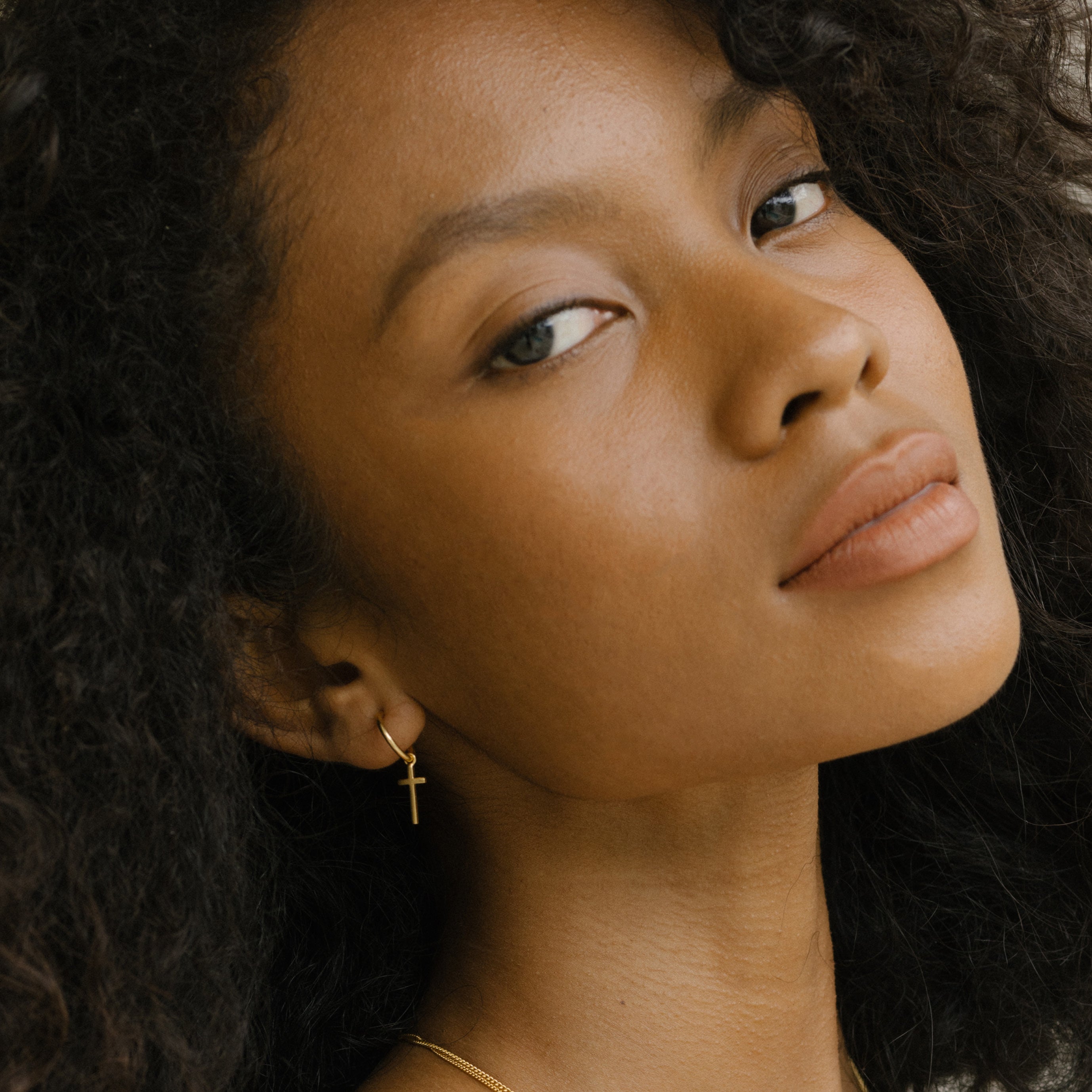 Mini Madonna Cross Charm Hoops - Gold Refined metal