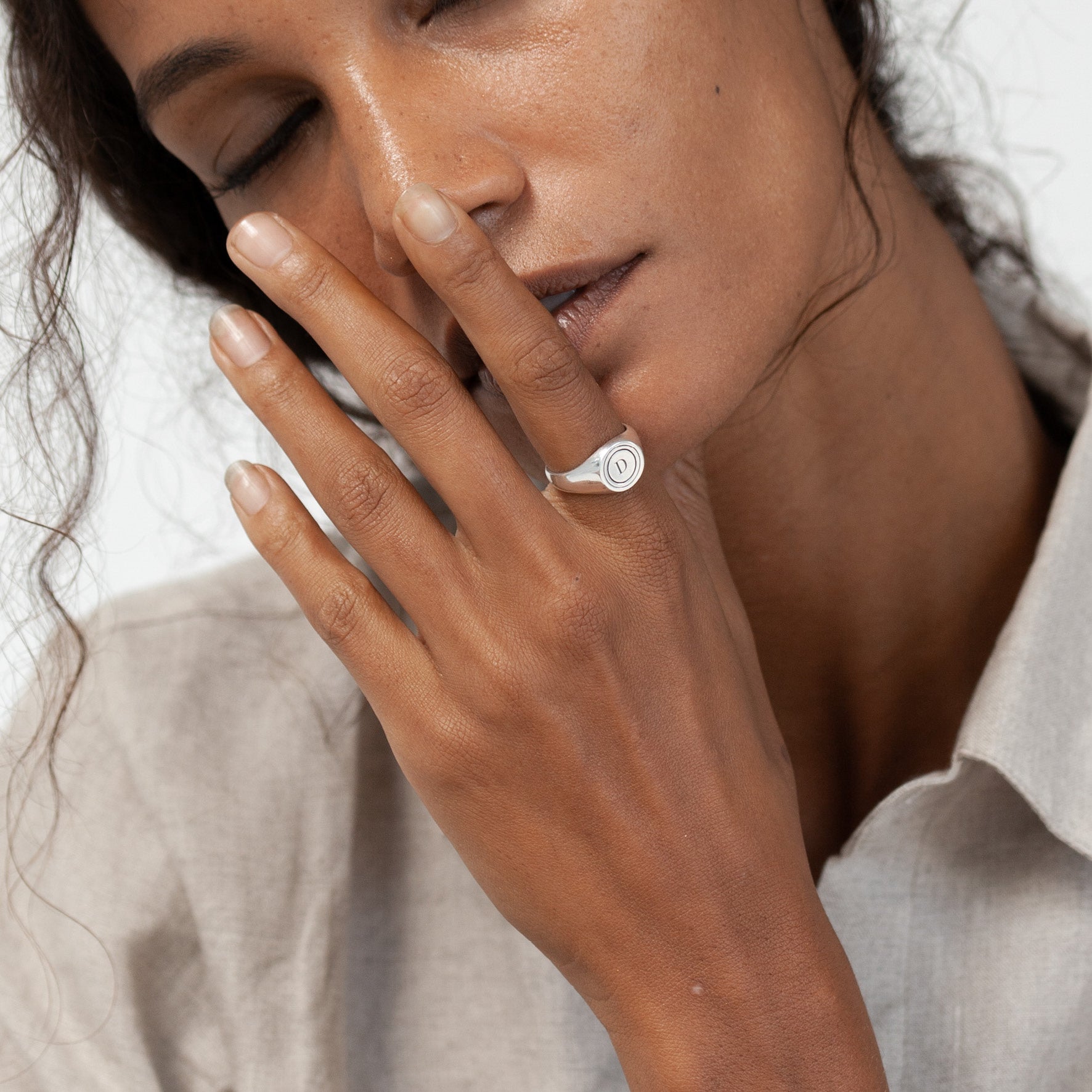 Recycled Sterling Silver Halo Signet Ring - Silver