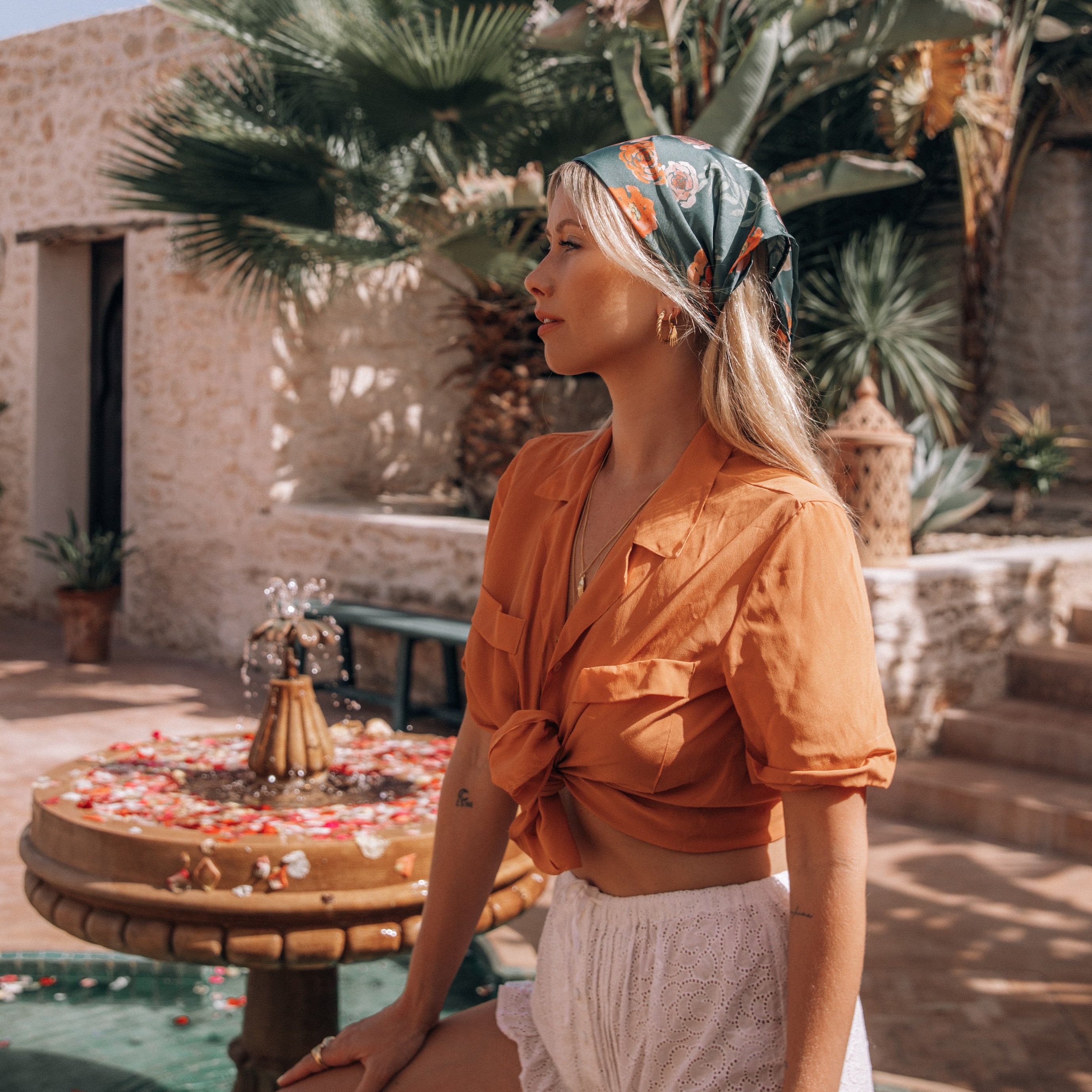 Luna and Rose flores printed Neck Scarf of Roses in Olive Green