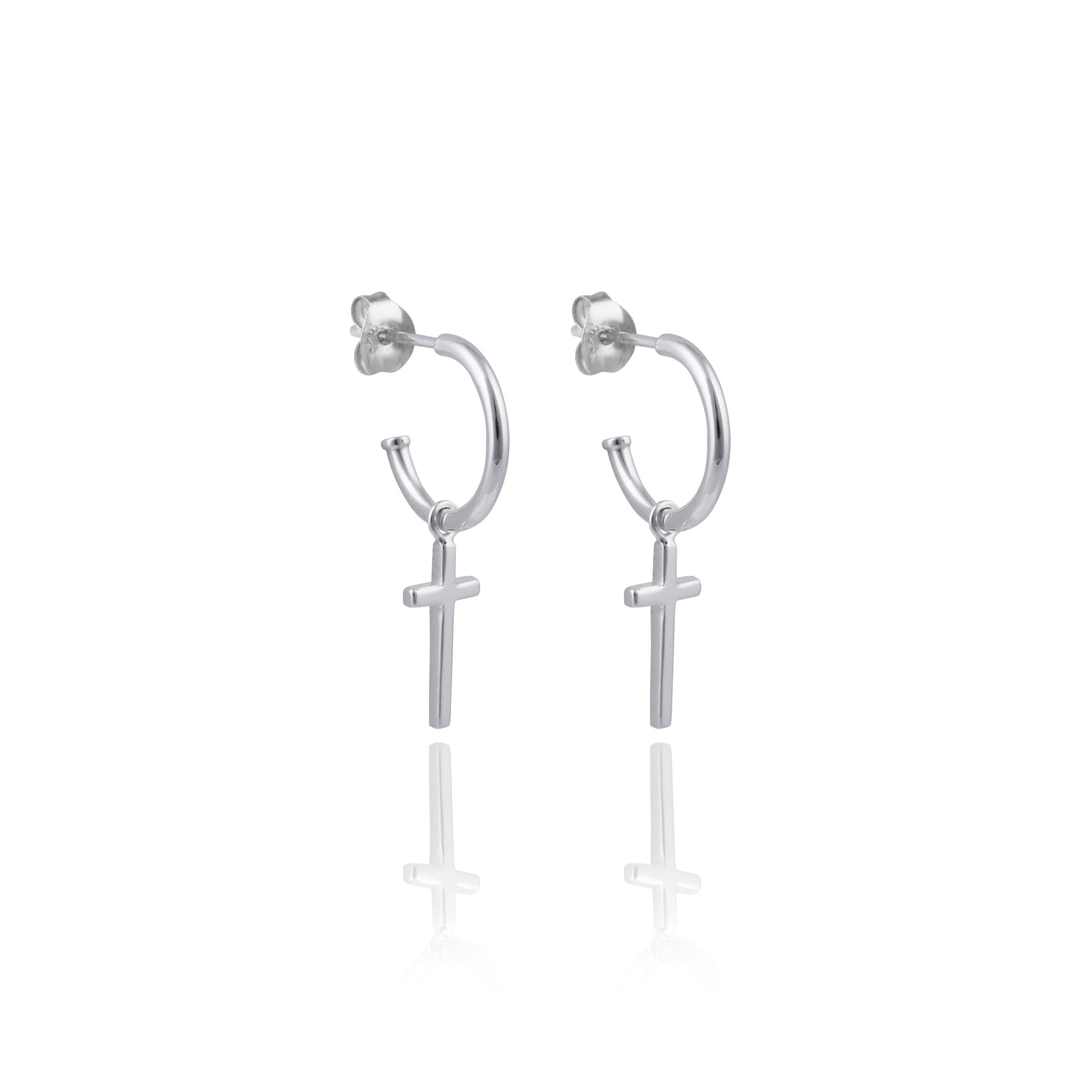 Mini Madonna Cross Charm Hoops - Silver
