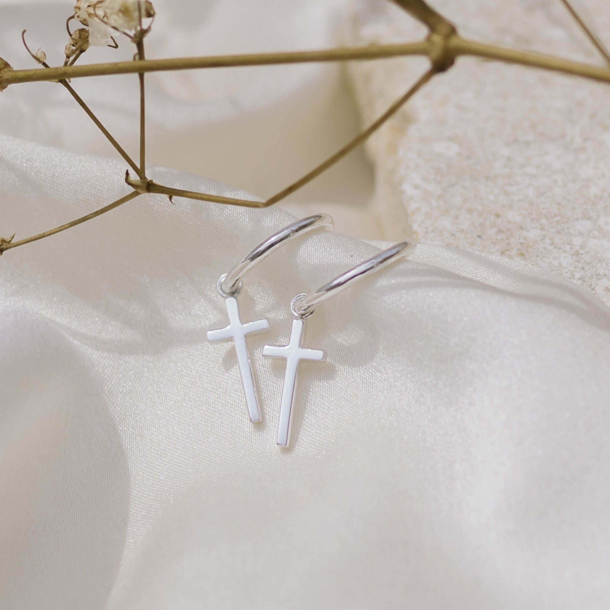 Mini Madonna Cross Charm Hoops - Silver