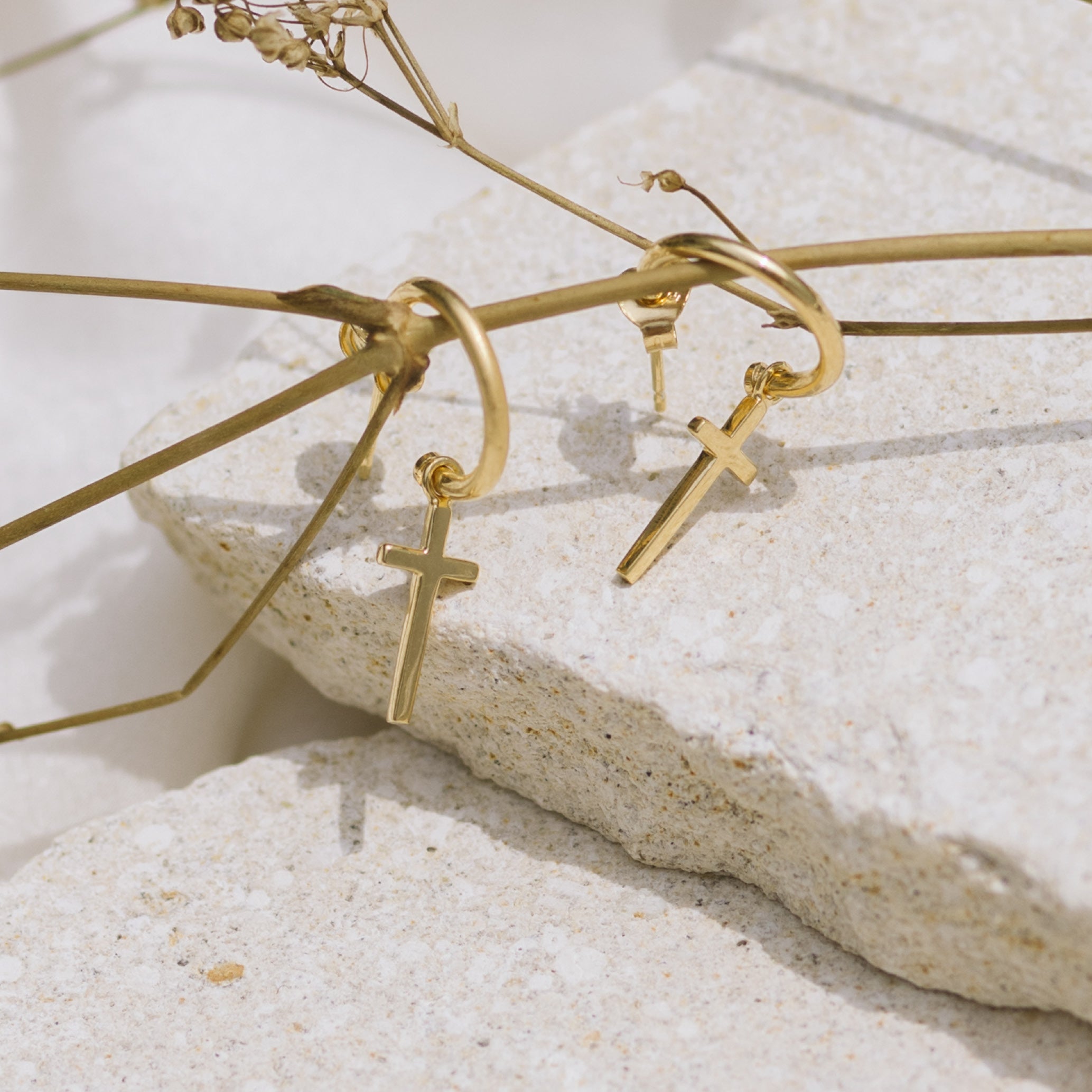 Mini Madonna Cross Charm Hoops - Gold