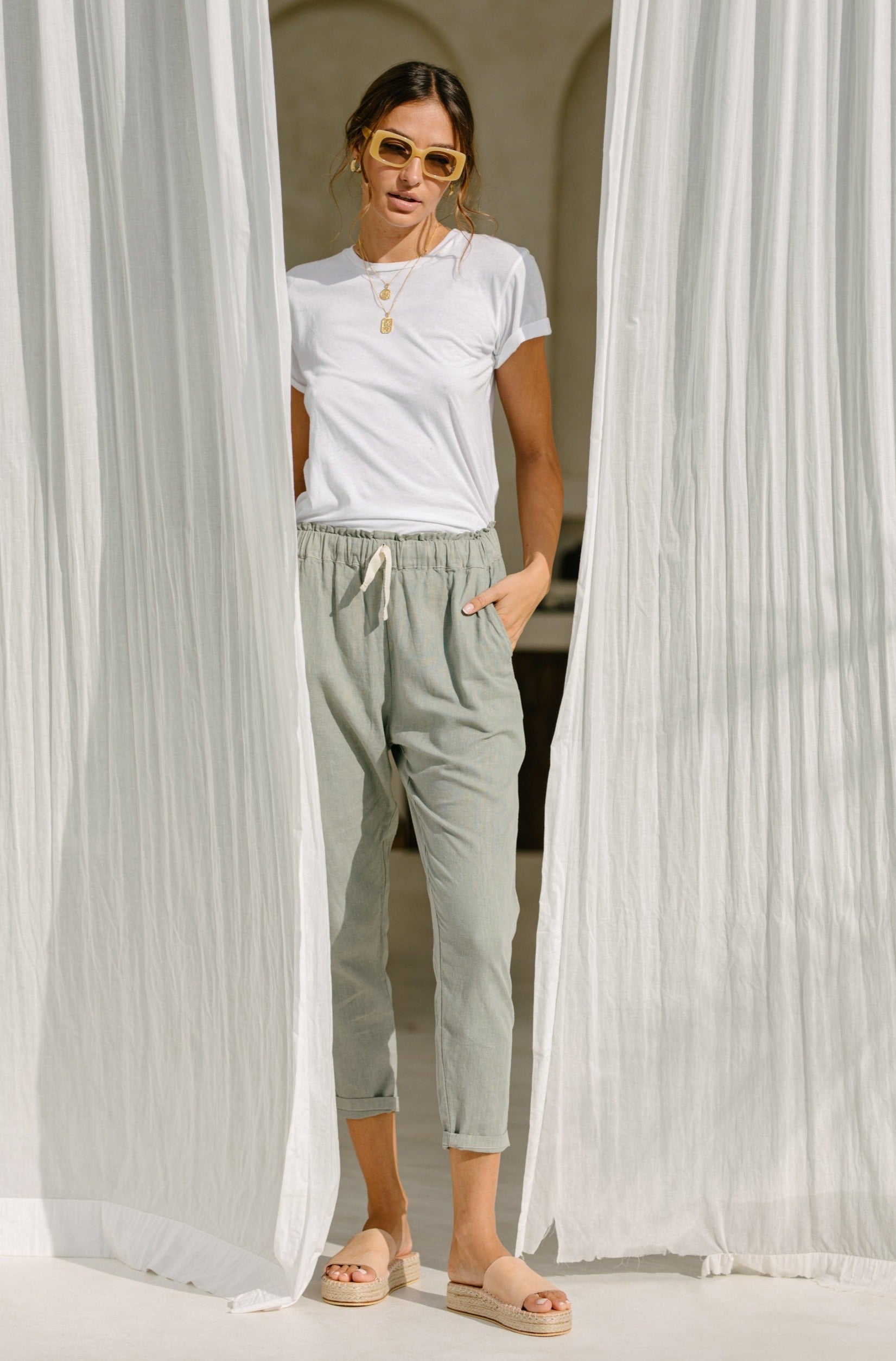 Linen Frankie Pants - Sage Plant Dyed
