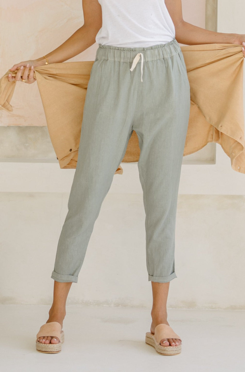 Linen Frankie Pants - Sage Plant Dyed