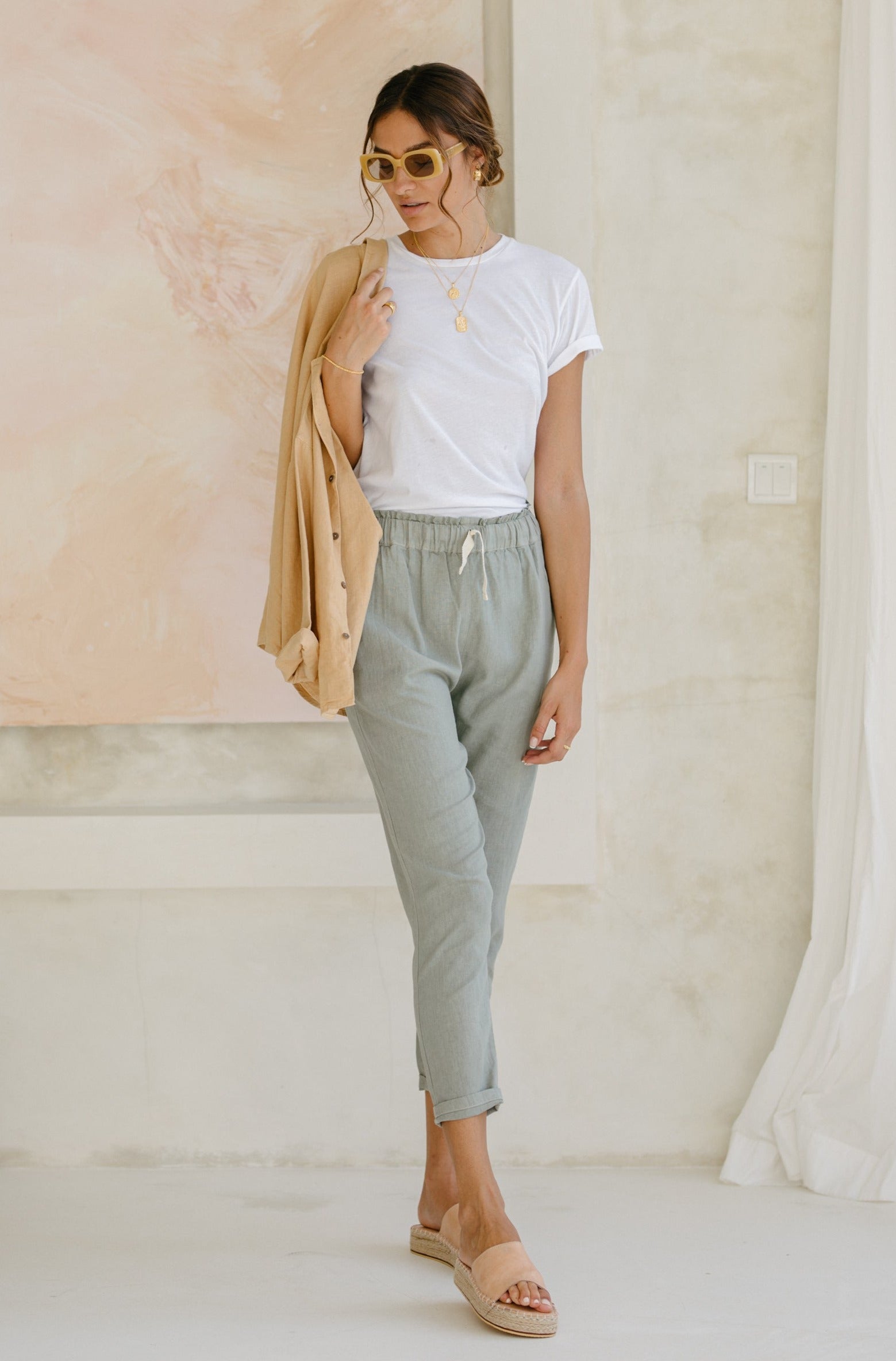 Linen Frankie Pants - Sage Plant Dyed