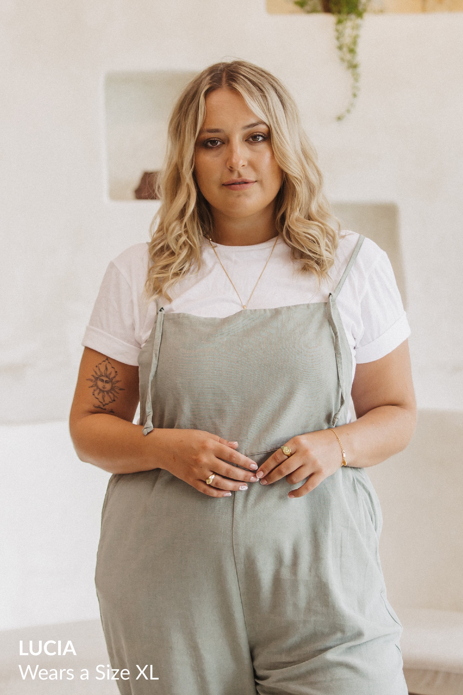 Lucia in Linen Organic Overalls wears Size XL