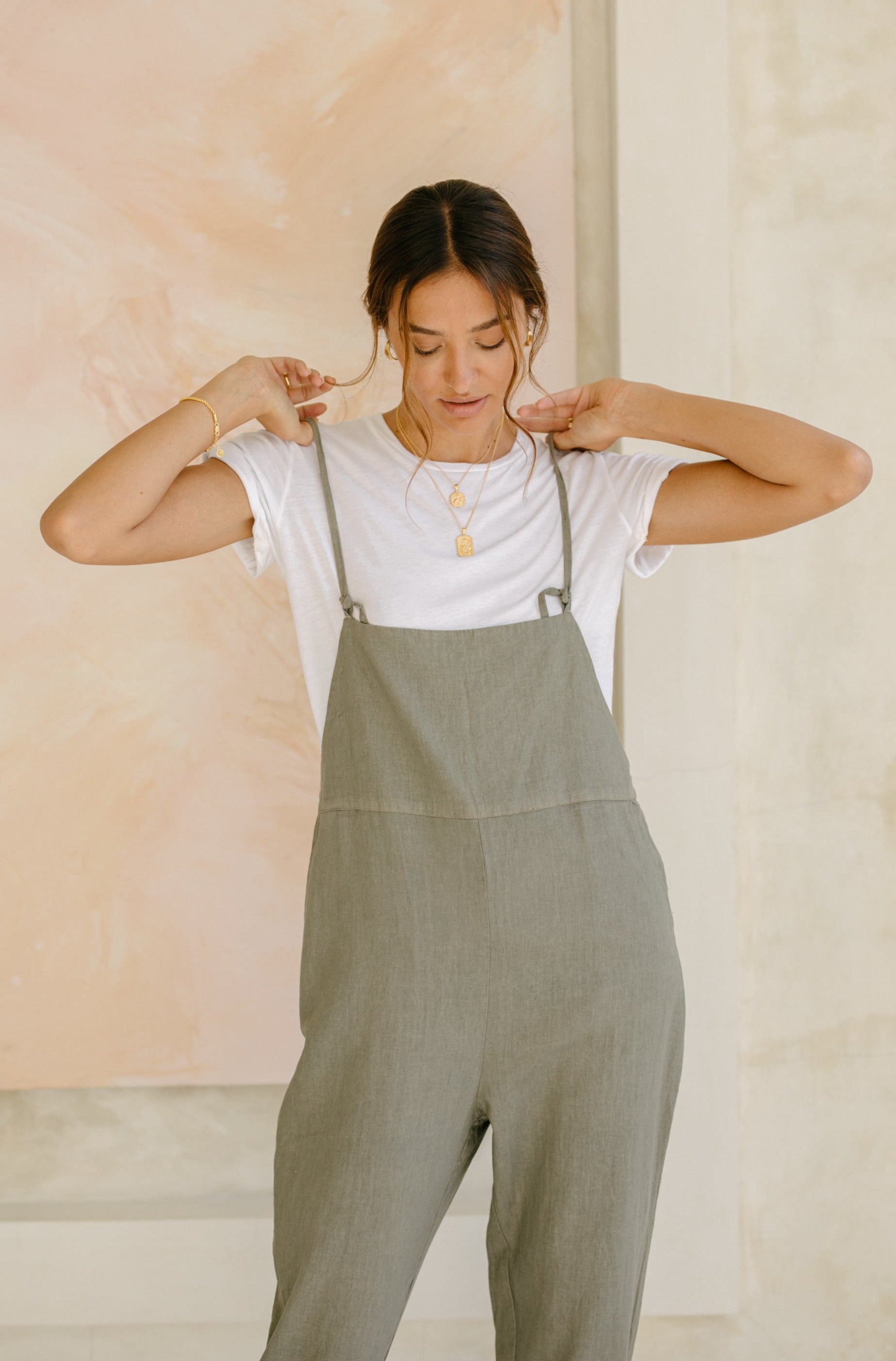 Linen Ollie Overalls - Sage Plant Dye