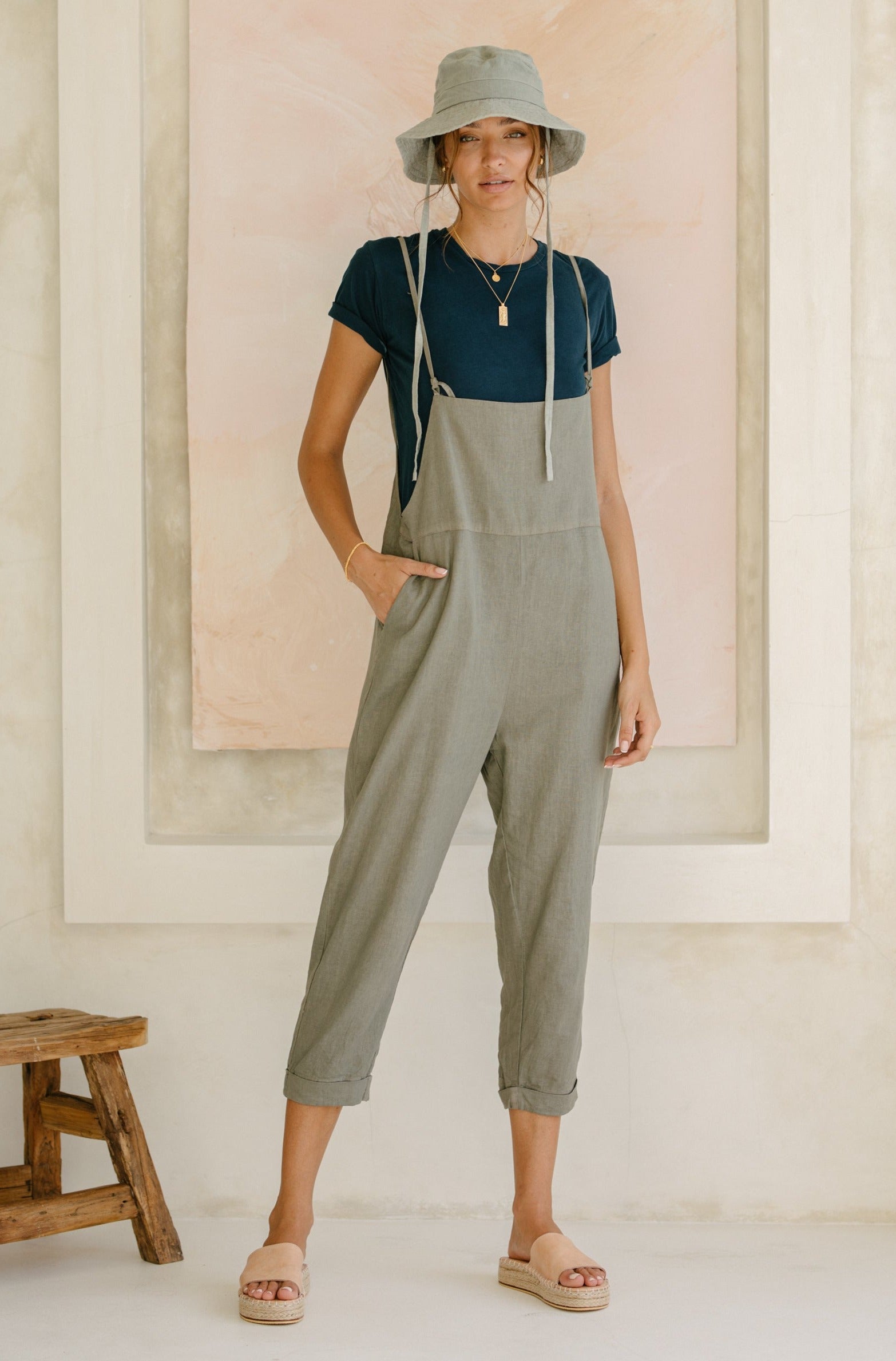 Linen Ollie Overalls - Sage Plant Dye