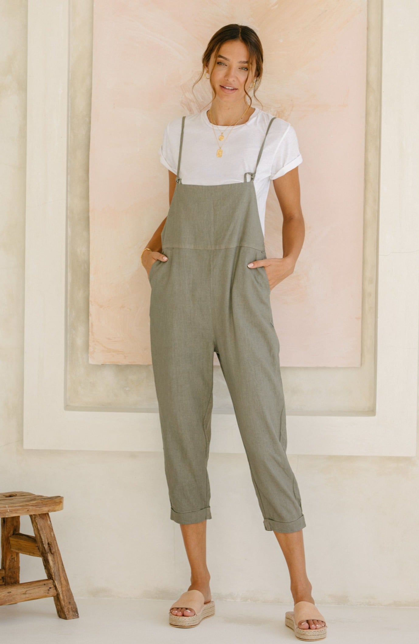 Linen Ollie Overalls - Sage Plant Dye
