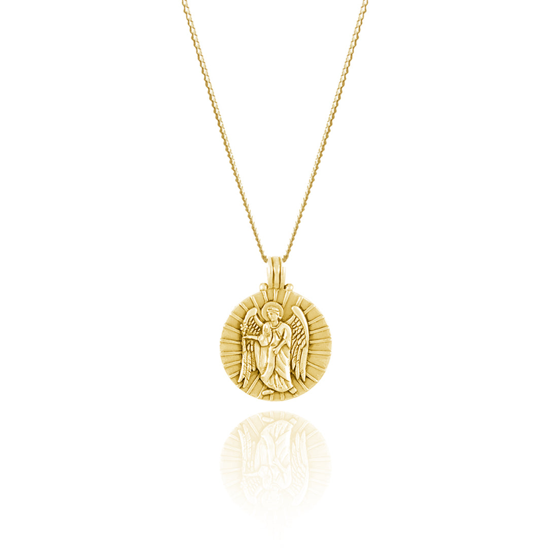 A gold pendant necklace featuring an angelic figure with rays emanating from the background.