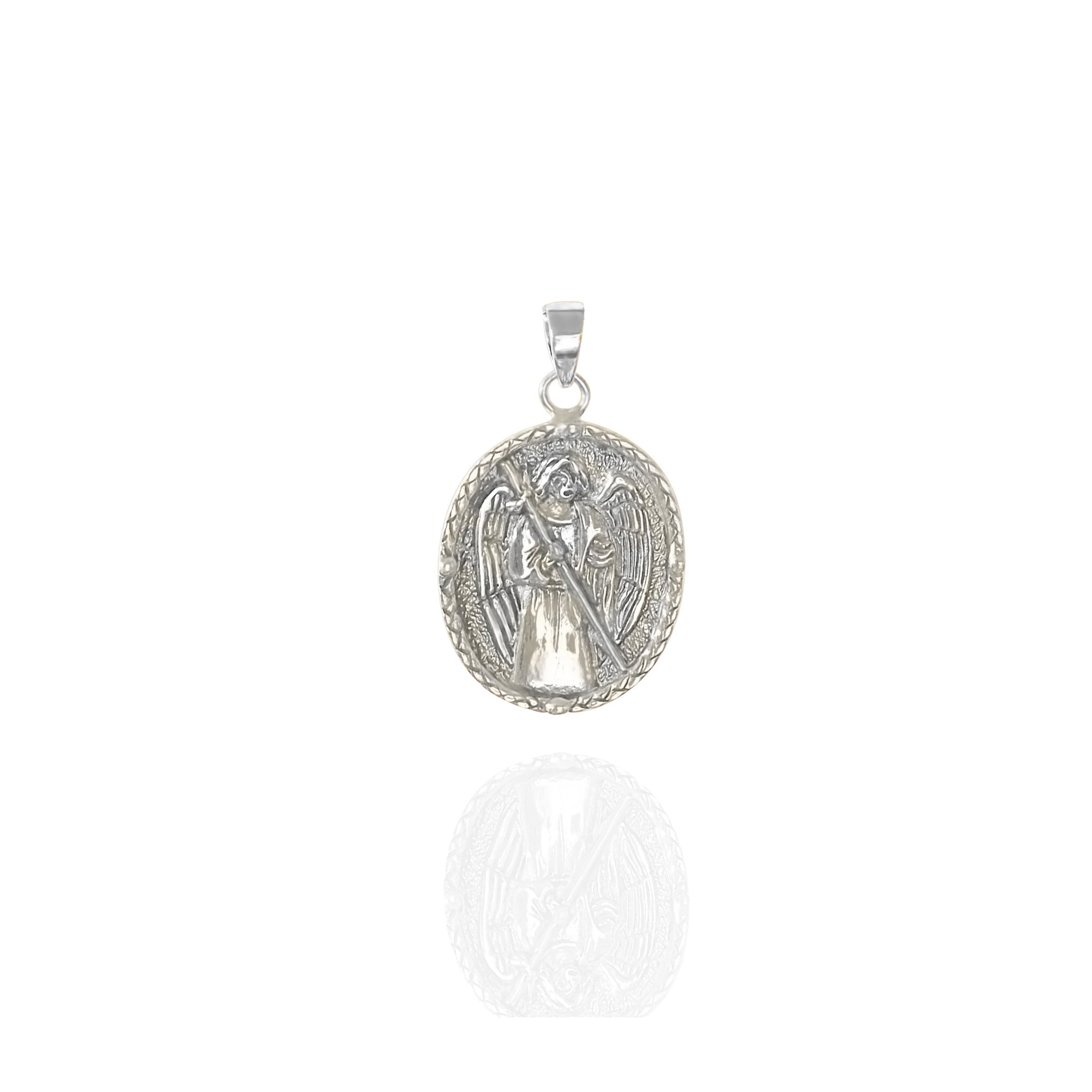 A silver pendant featuring an embossed depiction of St Raphael, the archangel, with a textured background.