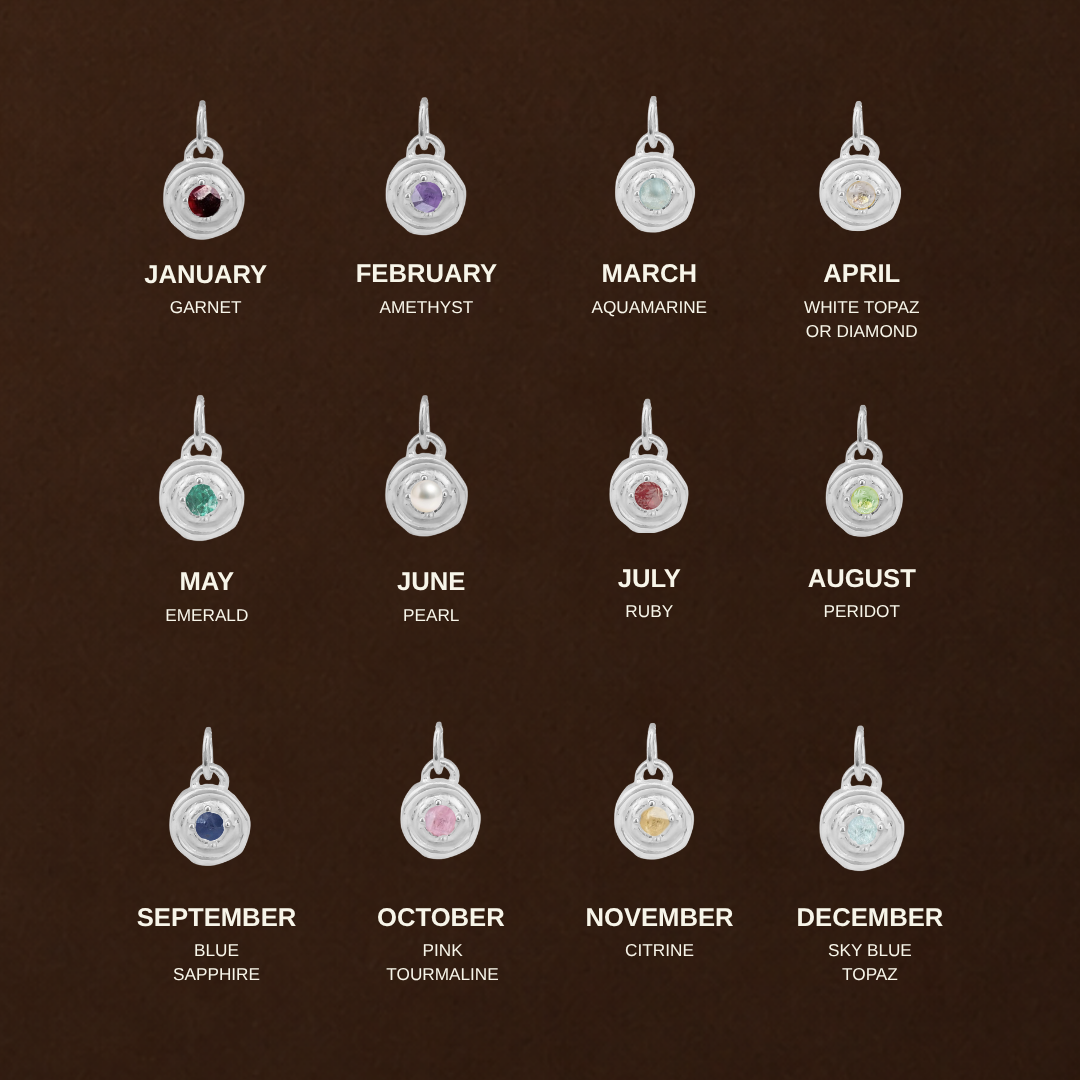 A brown informational chart showing twelve silver pendant charms arranged in a 3x4 grid, each labeled with a month and gemstone name such as January Garnet, February Amethyst, March Aquamarine, April White Topaz or Diamond, May Emerald, June Pearl, July Ruby, August Peridot, September Blue Sapphire, October Pink Tourmaline, November Citrine, and December Sky Blue Topaz.