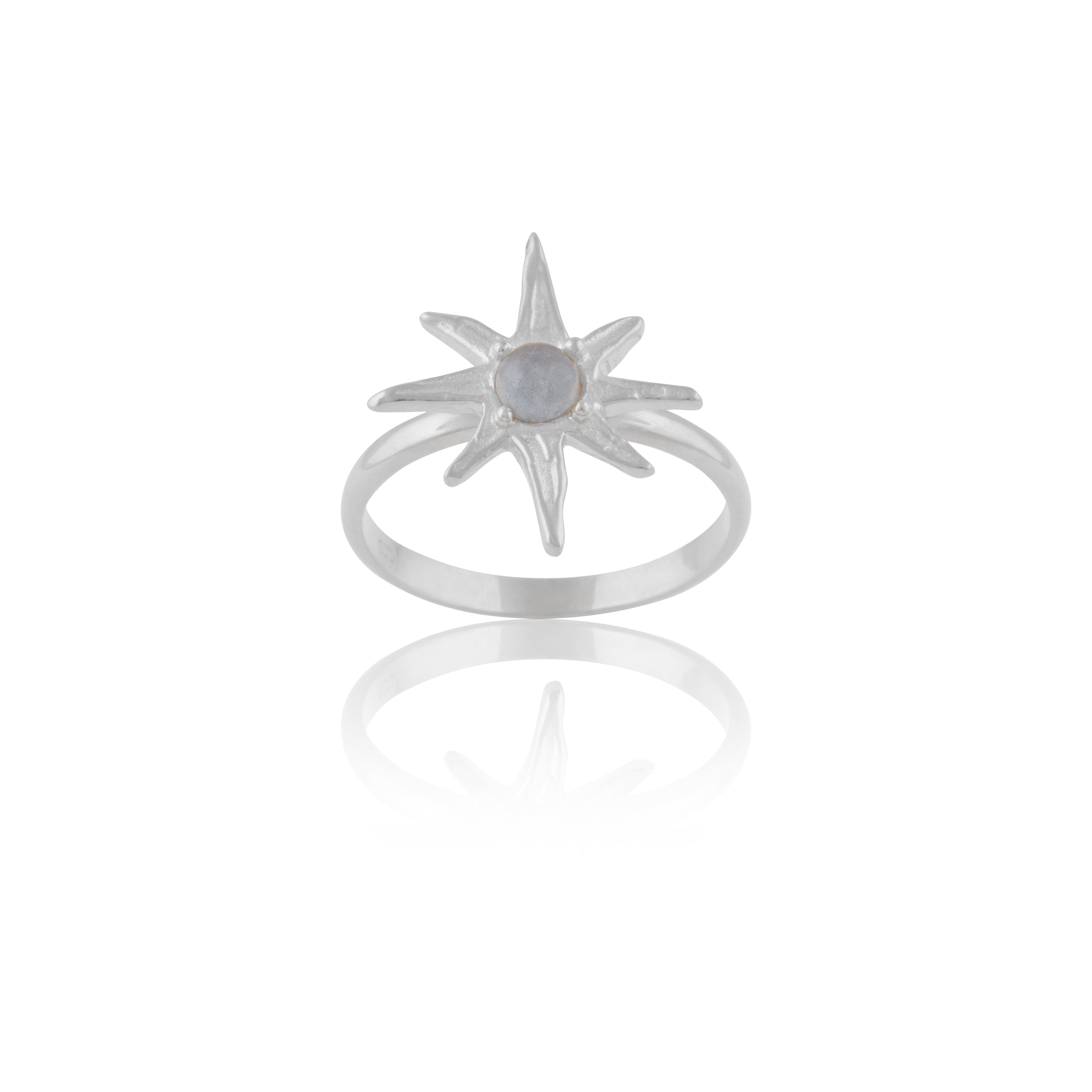 Star Silver ring with Labrodite stone design on a white background