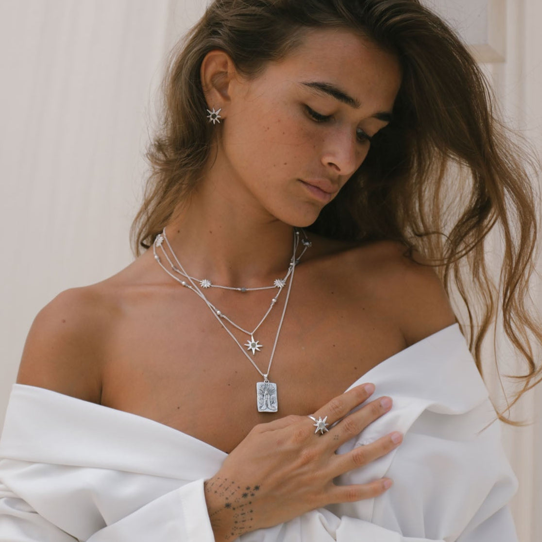 Handmade Luna & Rose x Tahnee Kelland ‘I Told You About the Stars’ silver ring, featuring celestial star details and labradorite stones, crafted in Bali.