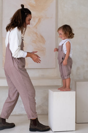 Aus Fashion Brand Linen Ollie overalls Kids Sizes Organically Plant Dyed in Rosewood Blush