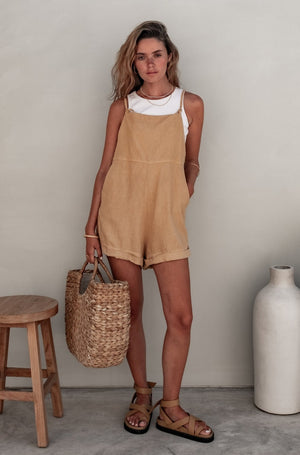 Riley Short Linen Summer Overalls Plant Dyed in Cinnamon