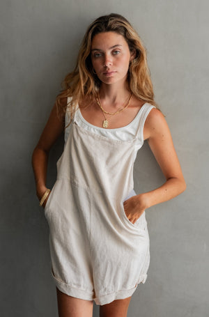 Luna Rose Short Linen Summer Overalls Plant Dyed in Macadamia