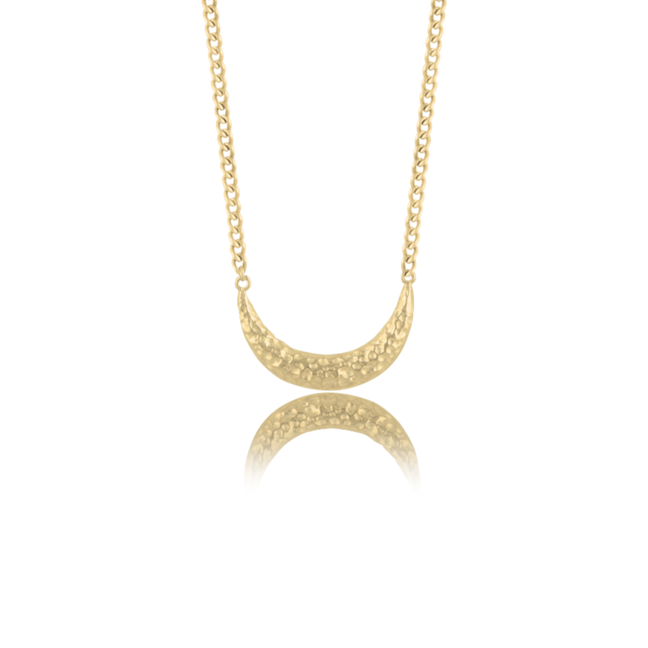 Close-up of a gold necklace with a crescent moon pendant displayed against a white background.