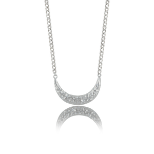 Close-up of a gold necklace with a crescent moon pendant displayed against a transparent background.