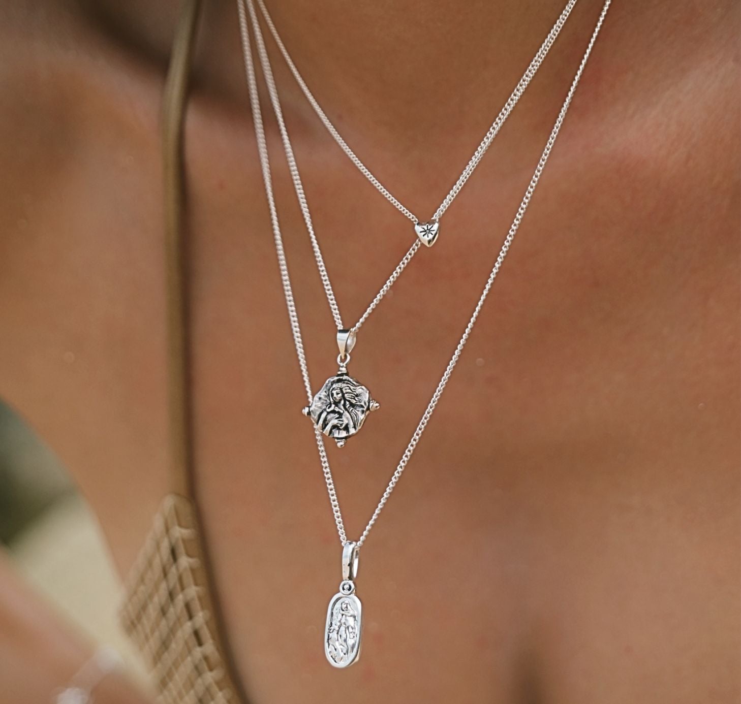 Layered Silver necklaces with mini heart jewellery from Bali