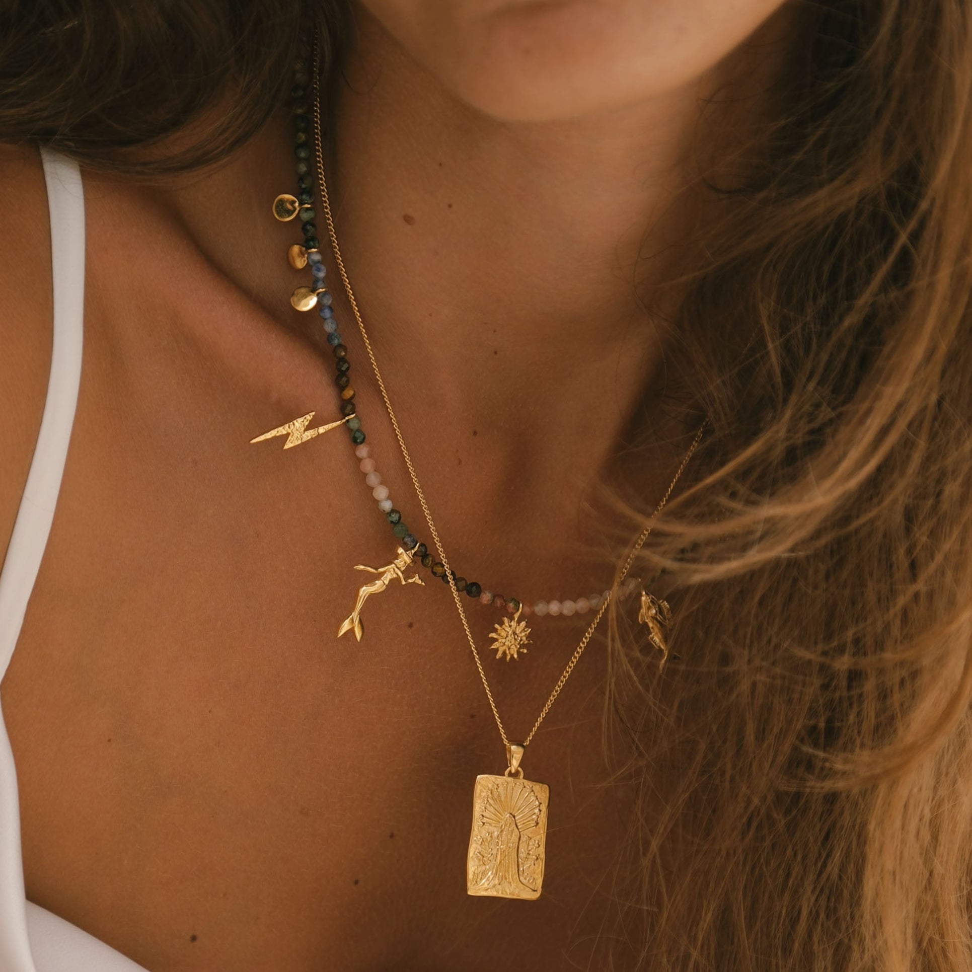 Luna & Rose x Tahnee Kelland ‘Riding Tides’ gold charm necklace with natural gemstones, handmade in Bali from recycled sterling silver and Gold vermeil Up Close