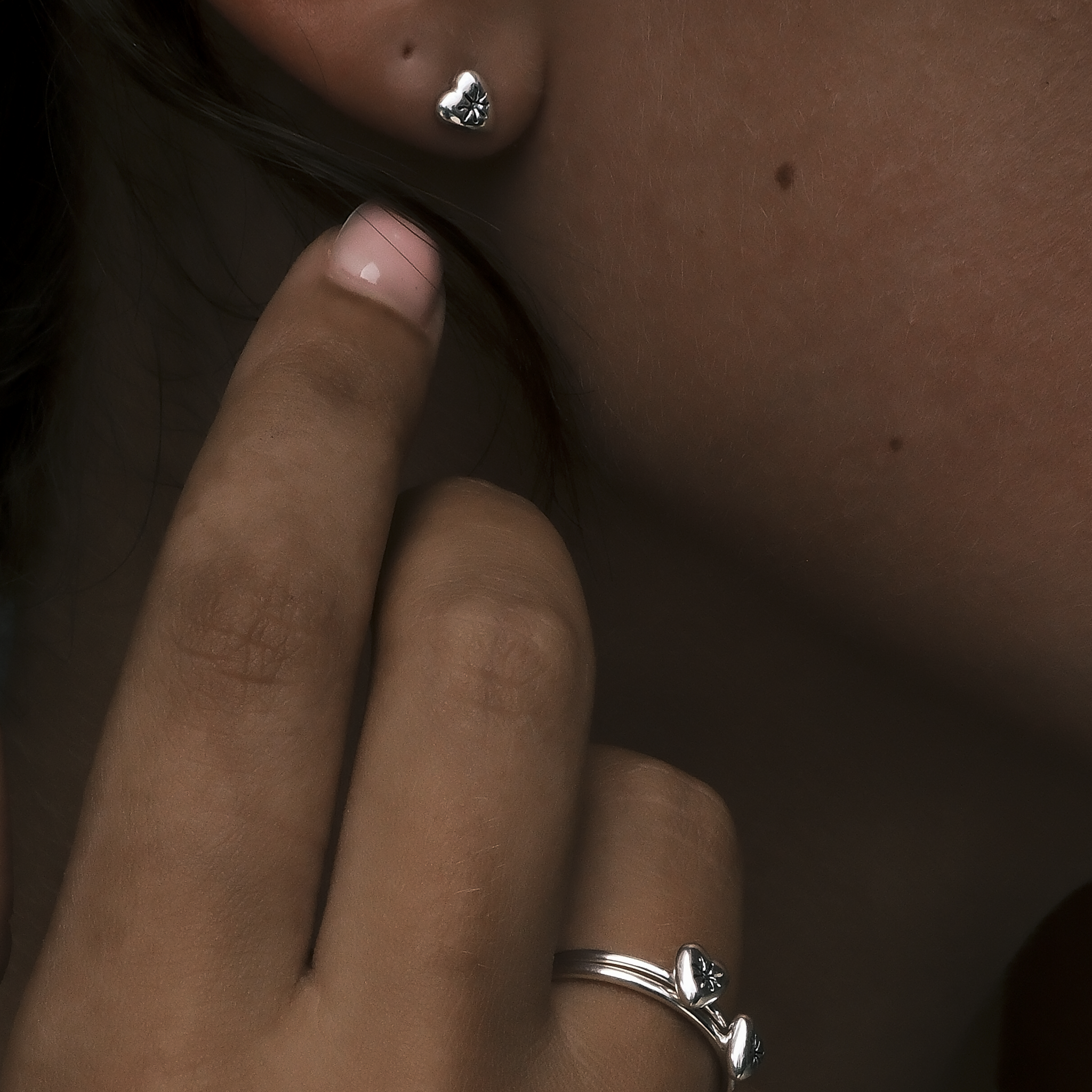 Silver heart earrings and ring set made in Bali