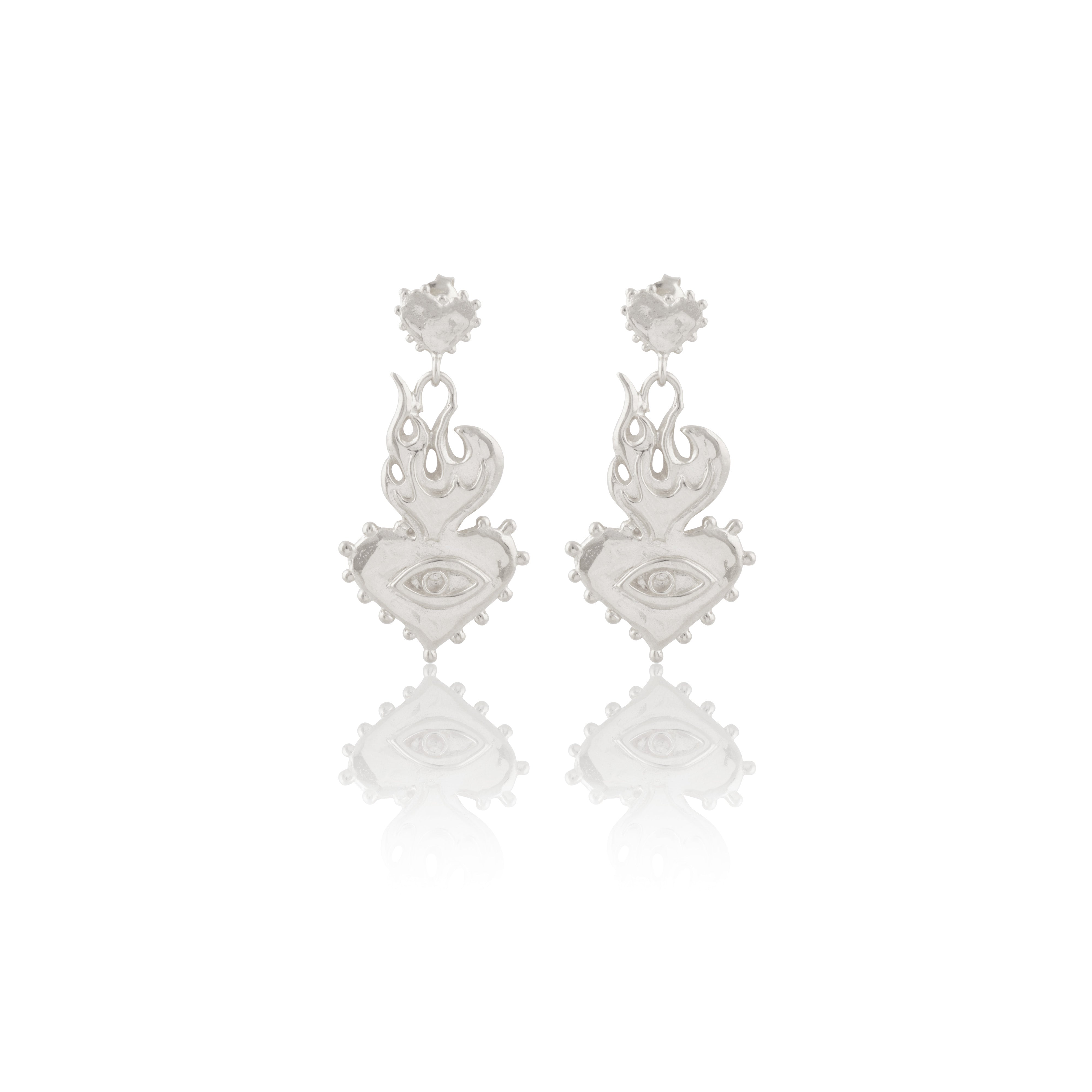 Luna & Rose x Tahnee Kelland ‘Burn It All Down’ silver flaming heart statement earrings, ethically made in Bali from recycled sterling silver.