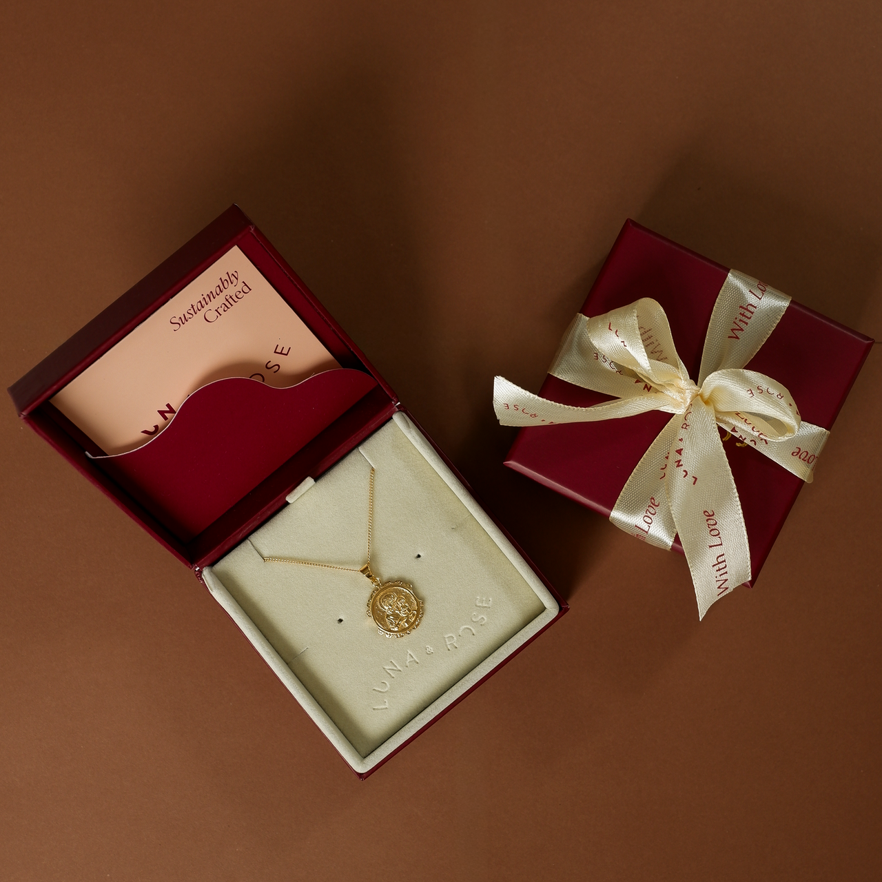 St Anne necklace gold in Luna and Rose jewelry boxes