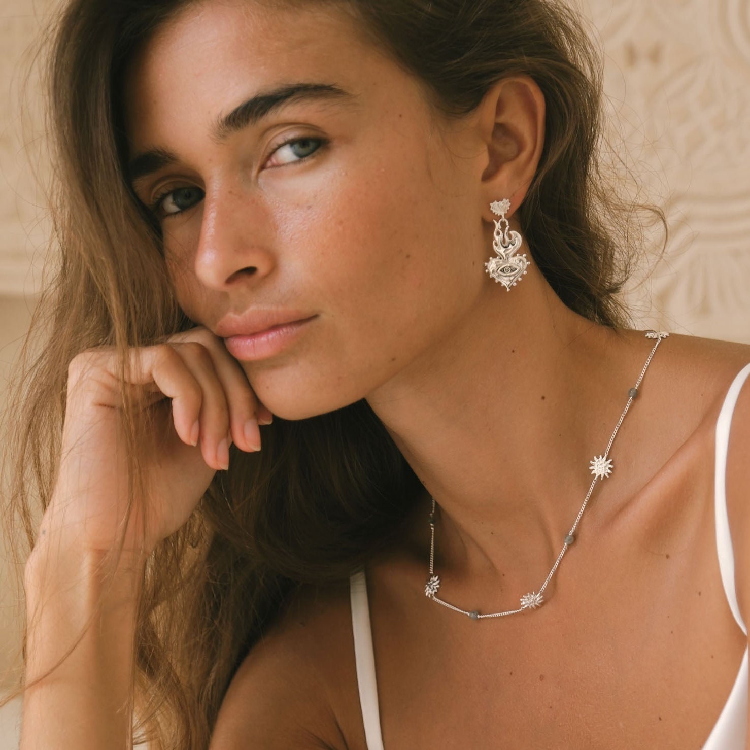 Handcrafted Luna & Rose x Tahnee Kelland ‘Warm Love’ silver necklace, featuring sun charms and labradorite gemstones, ethical jewellery made in Bali