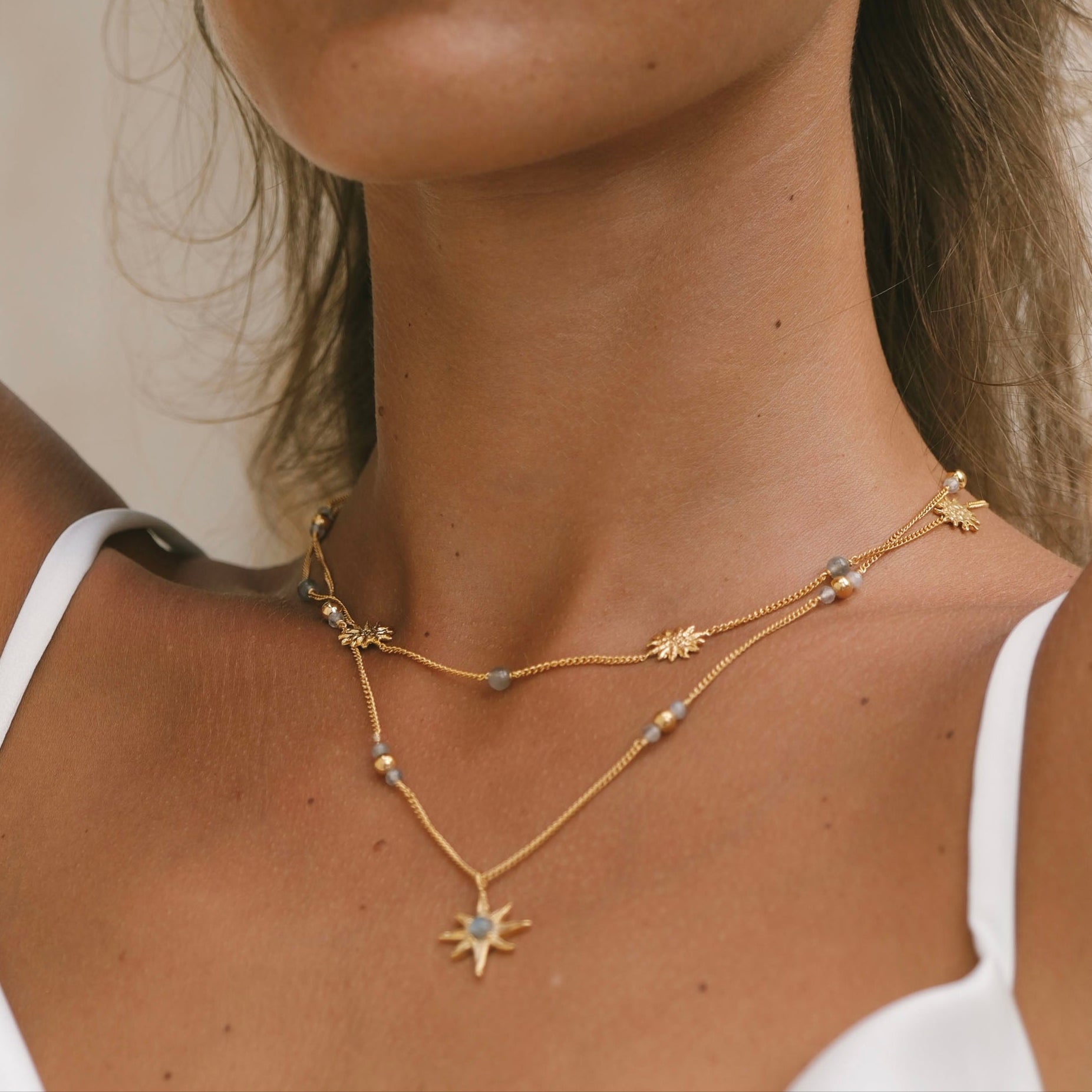 Luna & Rose x Tahnee Kelland ‘Warm Love’ gold necklace with sun charms and labradorite stones, handmade in Bali from recycled sterling silver on model