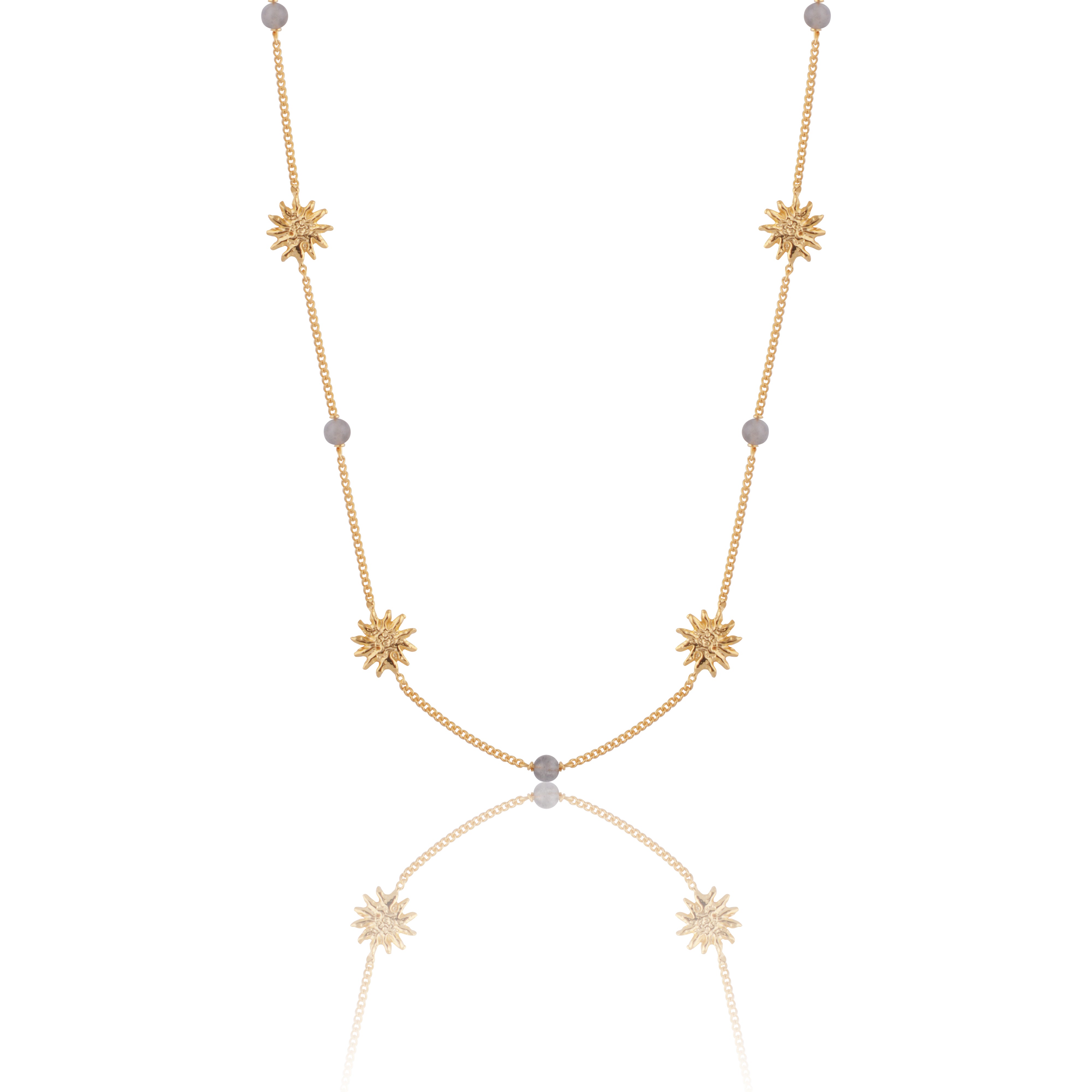 Luna & Rose x Tahnee Kelland ‘Warm Love’ gold necklace with sun charms and labradorite stones, handmade in Bali from recycled sterling silver.