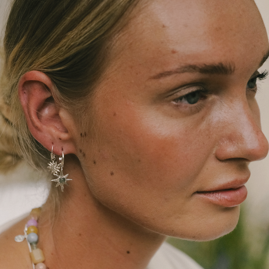 Woman in bright daylight wearing silver earrings and necklace by luna rose