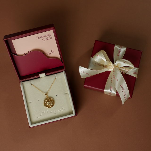 alpha pendant gold in packaging luna and rose