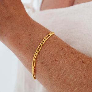 A person wearing a gold link chain bracelet and a white top