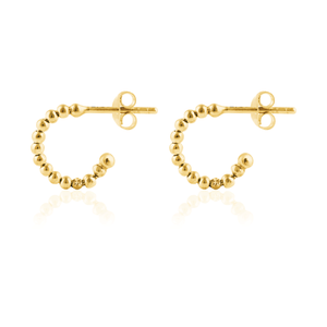 Thin gold beaded earrings angles from side, shown against a white background.