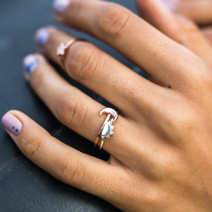 To The Moon and Back Rose Gold Ring stacked with Sunrise Charm Ring