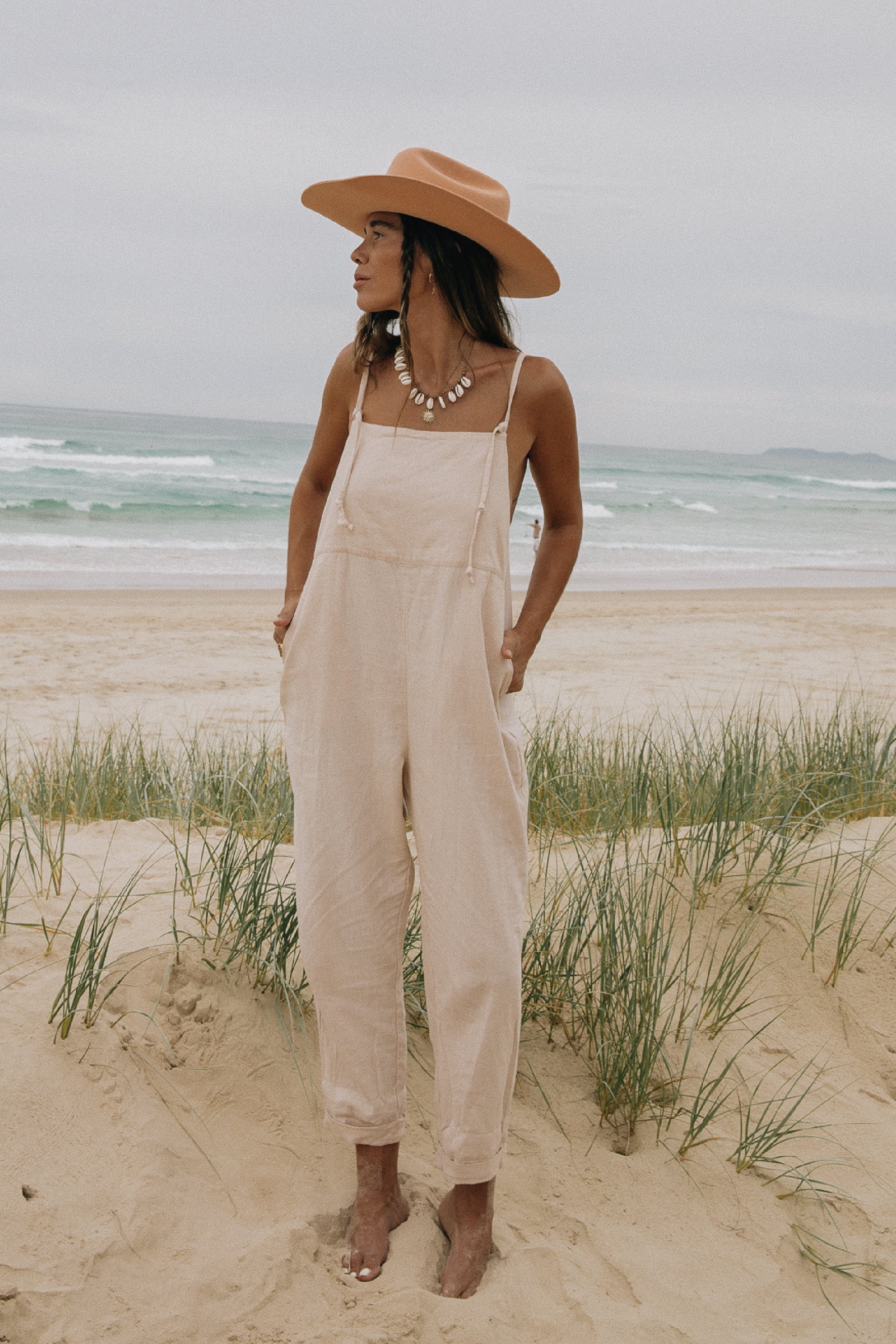 Linen Ollie Overalls Plant Dyed Macadamia Colour