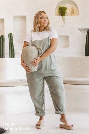 Lucia in Linen Organic Overalls wears Size XL