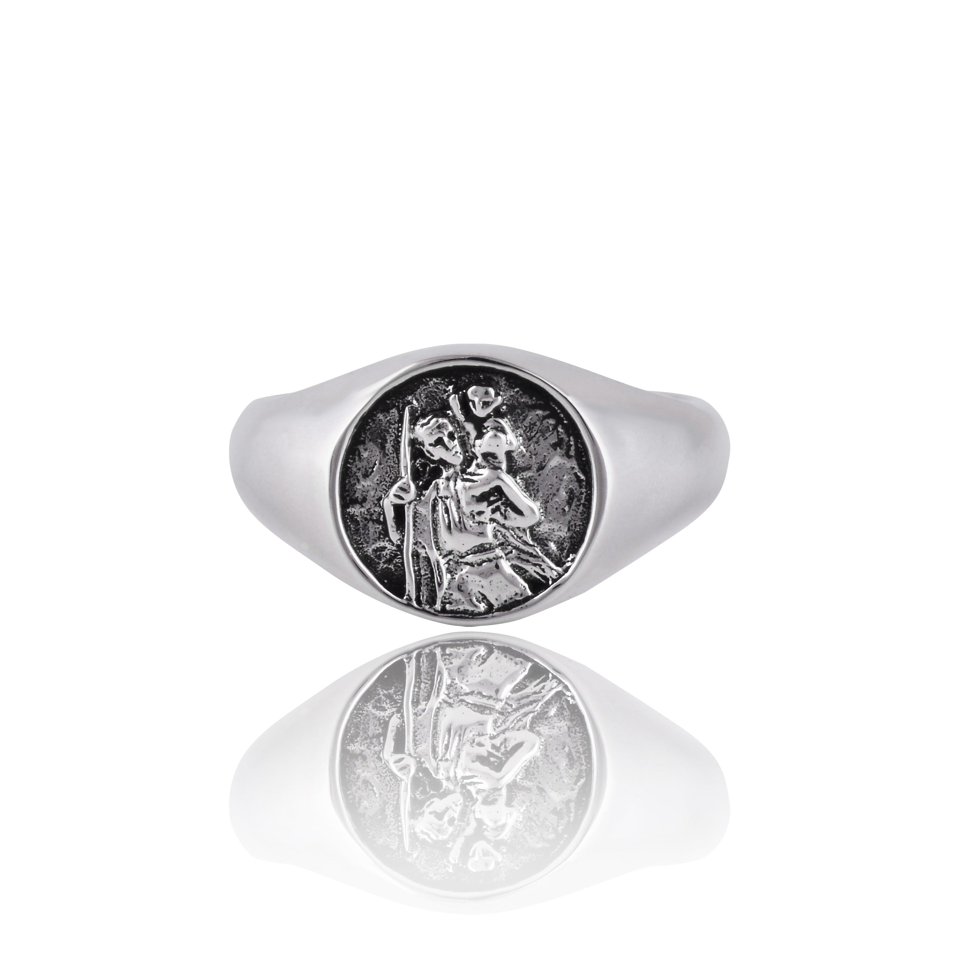 St Christopher Patron Saint of Travel Signet Ring - Silver - Luna & Rose  Jewellery