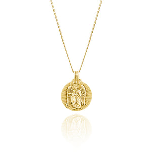 A gold pendant necklace featuring an angelic figure with rays emanating from the background.