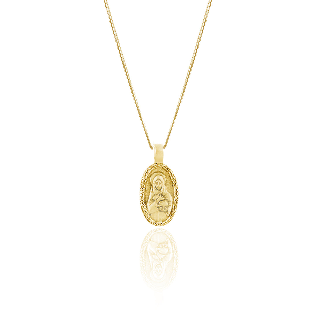 A gold pendant necklace featuring an angelic figure with rays emanating from the background.